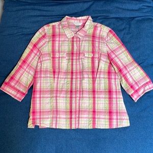 Christopher & Banks Pink plaid sparkle camp shirt,PXL